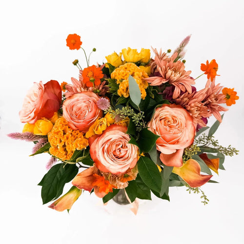 Fresh fall bouquet with peach roses, orange calla lilies, and seasonal blooms – Autumn Radiance by Flowers Valley