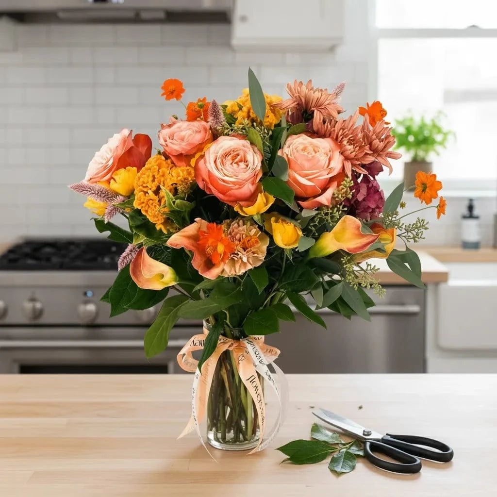 Luxury fall flower arrangement in glass vase with roses and calla lilies – next day delivery Bay Area USA