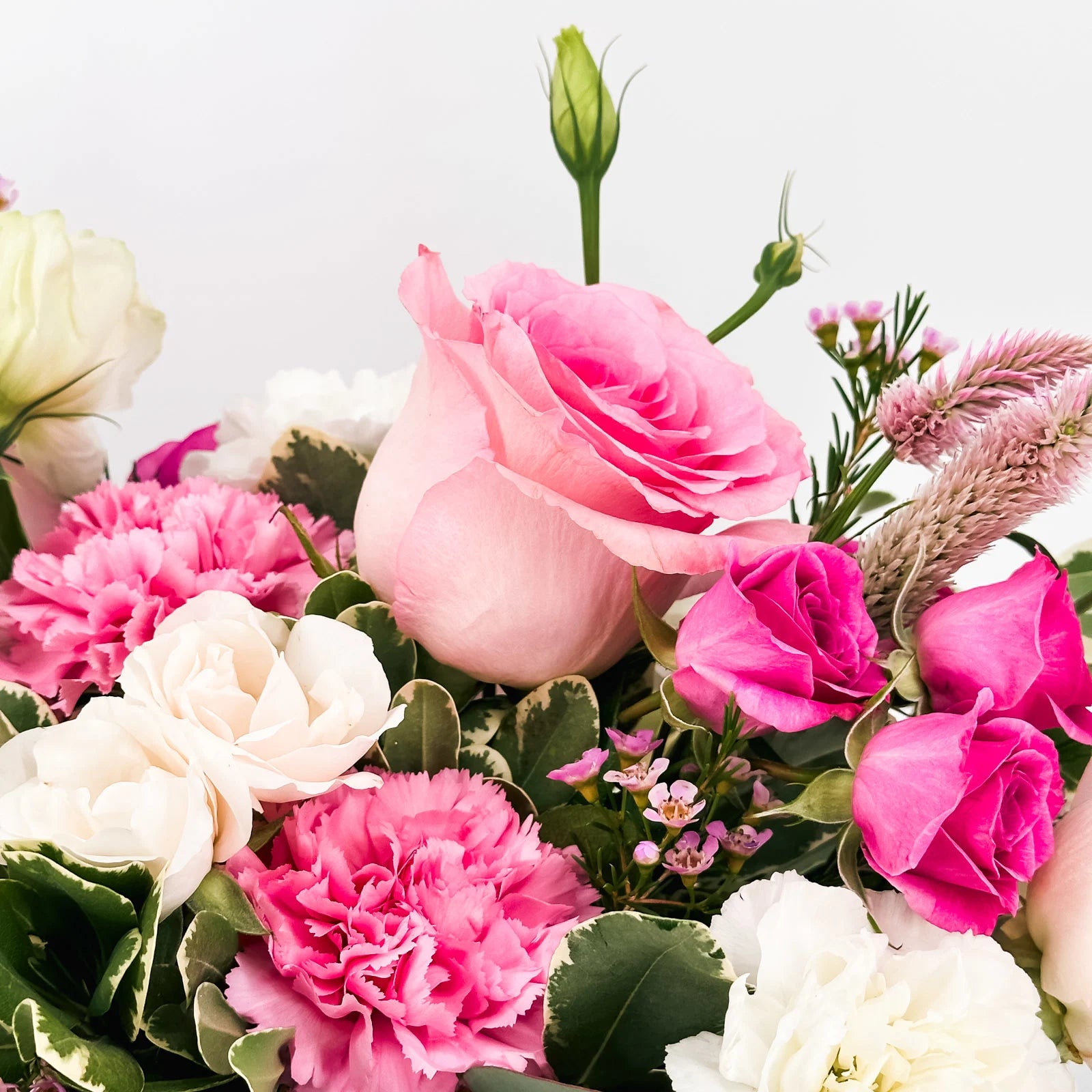 Blushing Grace floral arrangement with blush roses, pink carnations, and white lisianthus in a silver mirrored vase with ribbon.