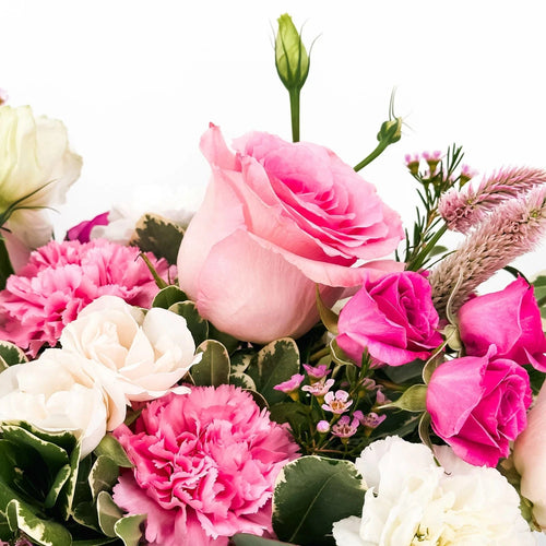 Close-up of Blushing Grace arrangement with blush roses, pink carnations, and spray roses in soft seasonal tones.