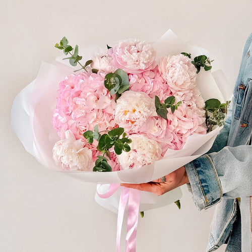 Blushing Petal Cloud – Peony & Hydrangea Bouquet - Flowers Valley Shop