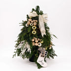 Champagne Glow Tree holiday arrangement decorated with champagne and gold ornaments, luxury mini Christmas tree by Flowers Valley.