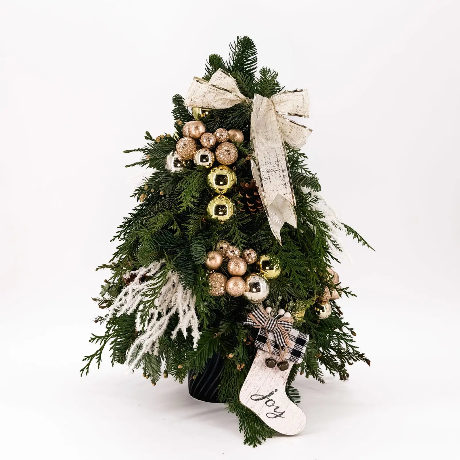 Champagne Glow Tree holiday arrangement decorated with champagne and gold ornaments, luxury mini Christmas tree by Flowers Valley.