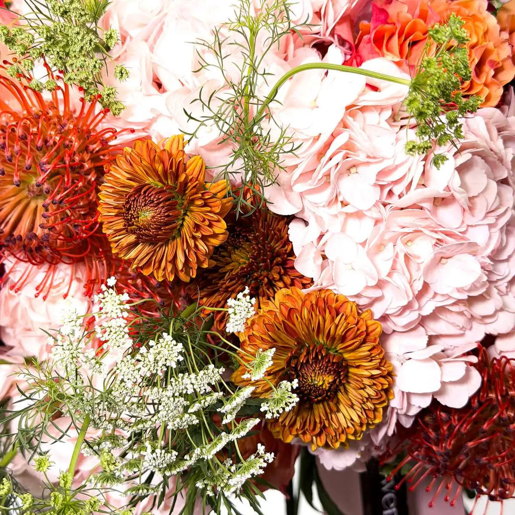 Closeup of orange pincushion protea, bronze chrysanthemums, blush hydrangea and Queen Anne's lace in the Copper Rosé bouquet