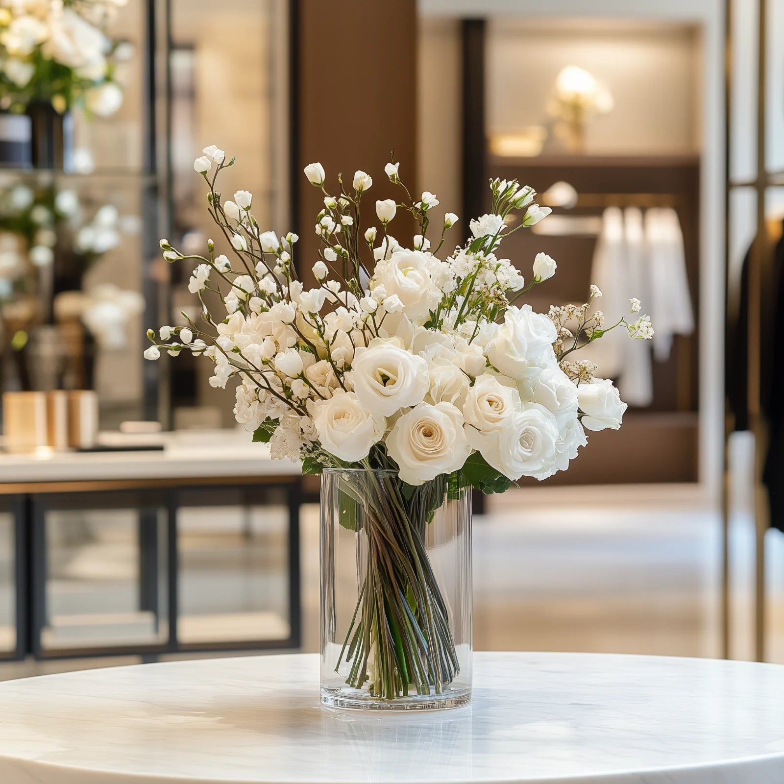 Elegant display table flower arrangement with white roses and baby’s breath in a tall glass vase – Flowers Valley
