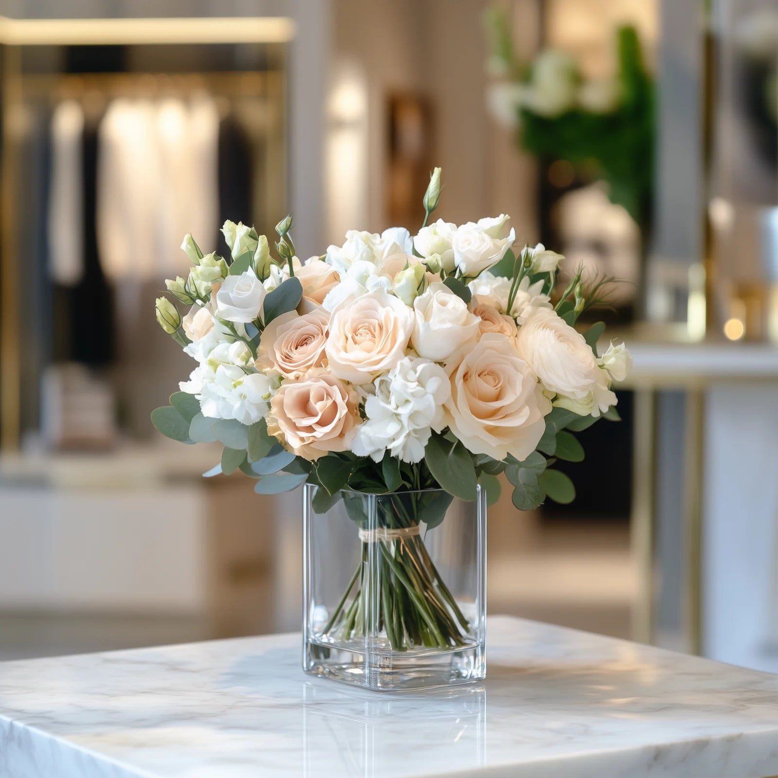 Elegant display table flower arrangement with white roses and baby’s breath in a tall glass vase – Flowers Valley
