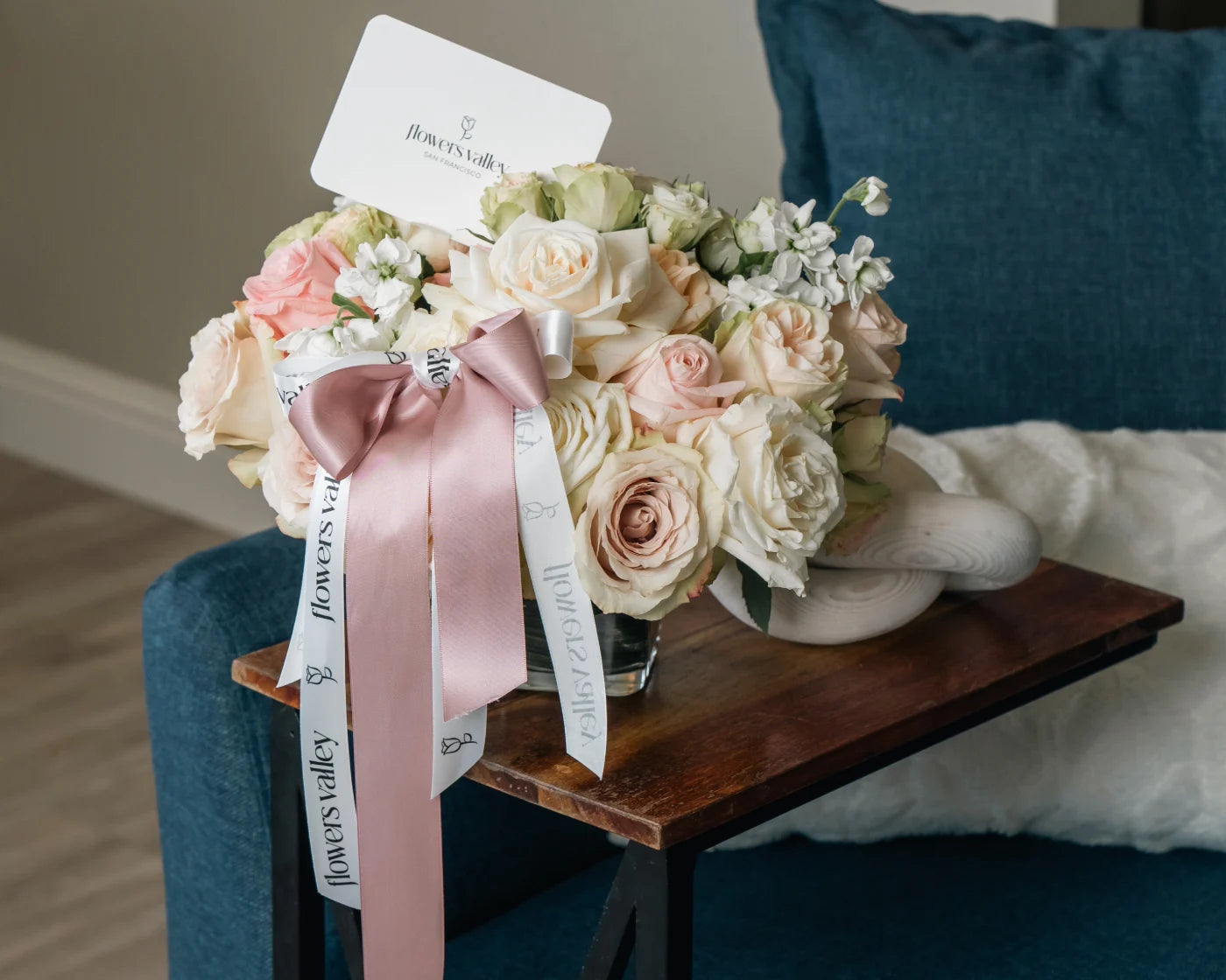 Elegant bouquet of pink and peach roses with ribbon in a Dublin home – Flowers Valley delivery