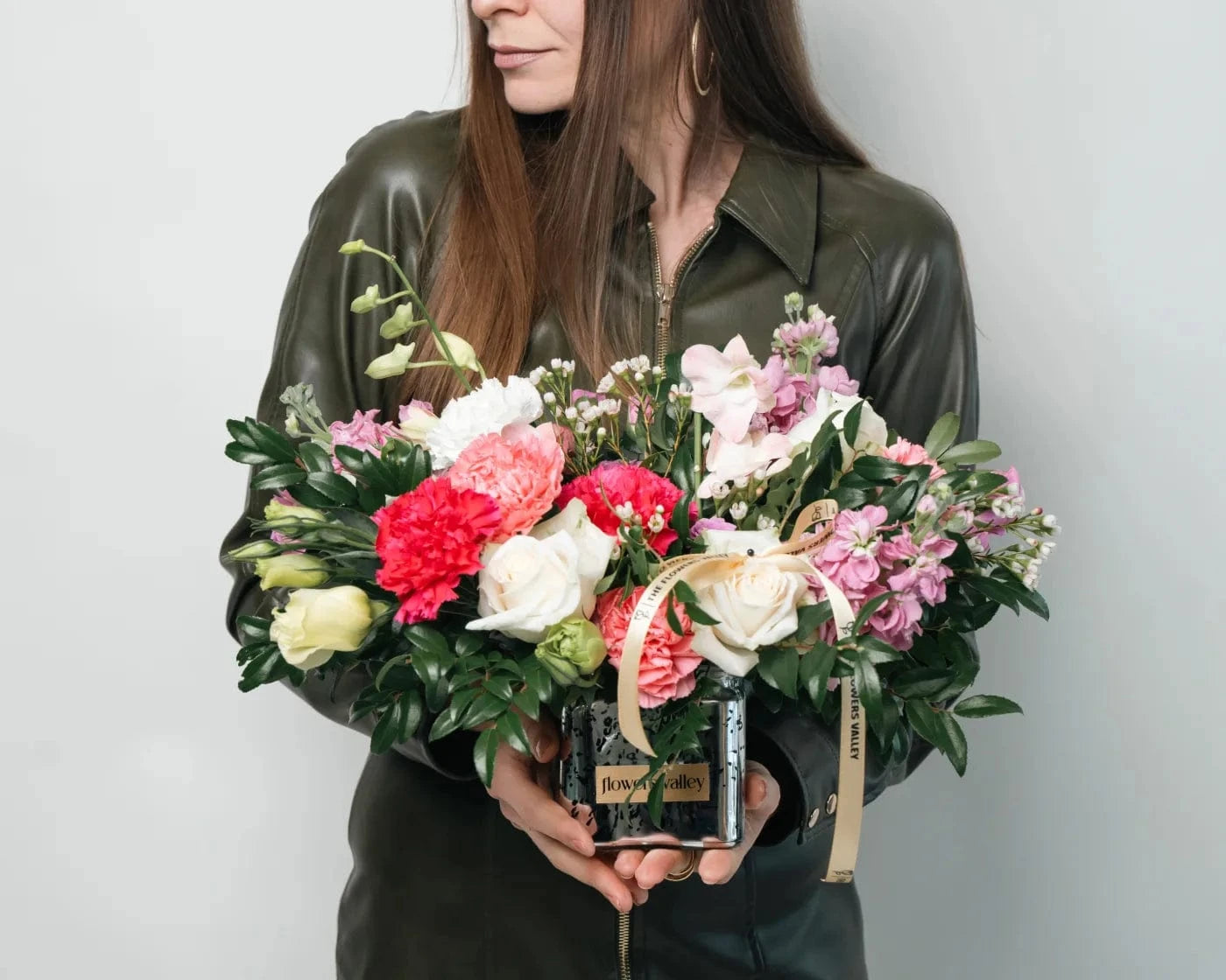 Elegant bouquet of mixed flowers with pink, white, and purple blooms in a decorative box – Flowers Valley Napa County flower delivery