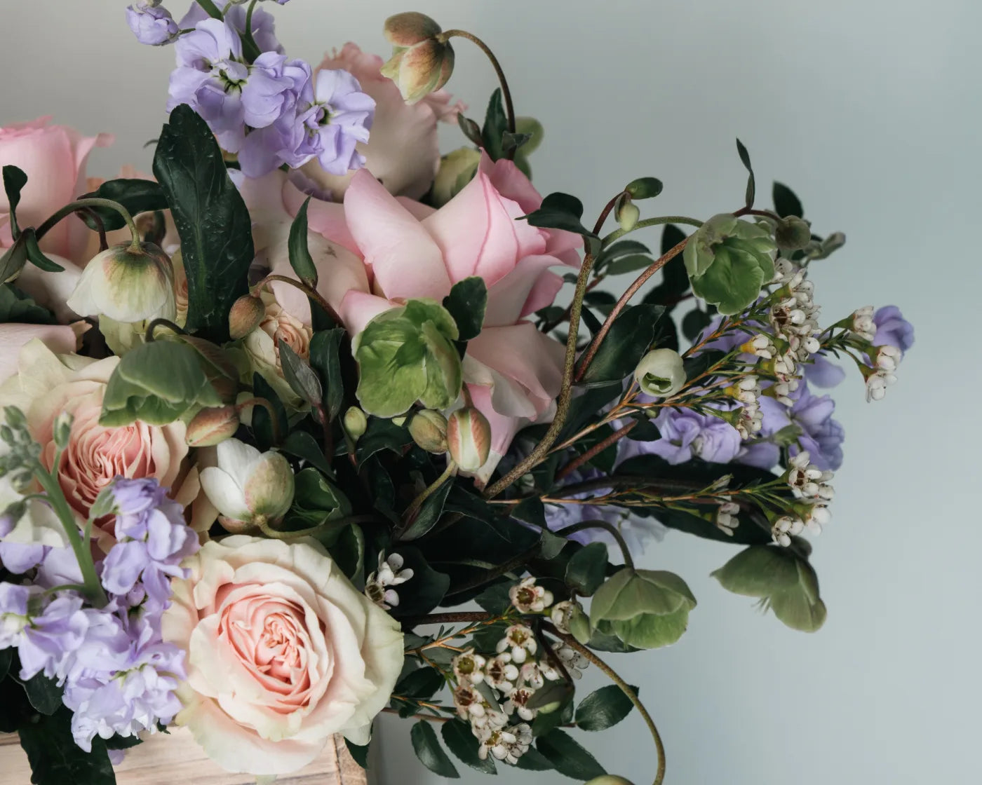 Elegant pastel arrangement with soft pink roses, white blooms, and light purple accents – Flowers Valley Santa Clara County flower delivery