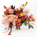 Golden Hour Elegance pedestal floral arrangement with roses, orchids, celosia, and dahlias – Flowers Valley