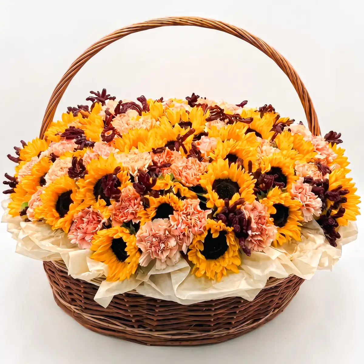 Golden Hour sunflower basket with golden sunflowers, peach carnations, and burgundy leucadendron in a hand-woven basket by Flowers Valley, San Francisco Bay Area florist