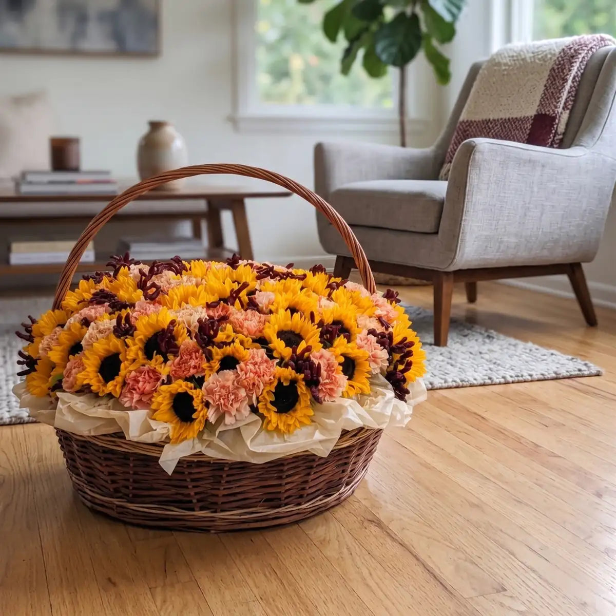 Golden Hour sunflower basket styled in a modern living room, same-day flower delivery in the San Francisco Bay Area