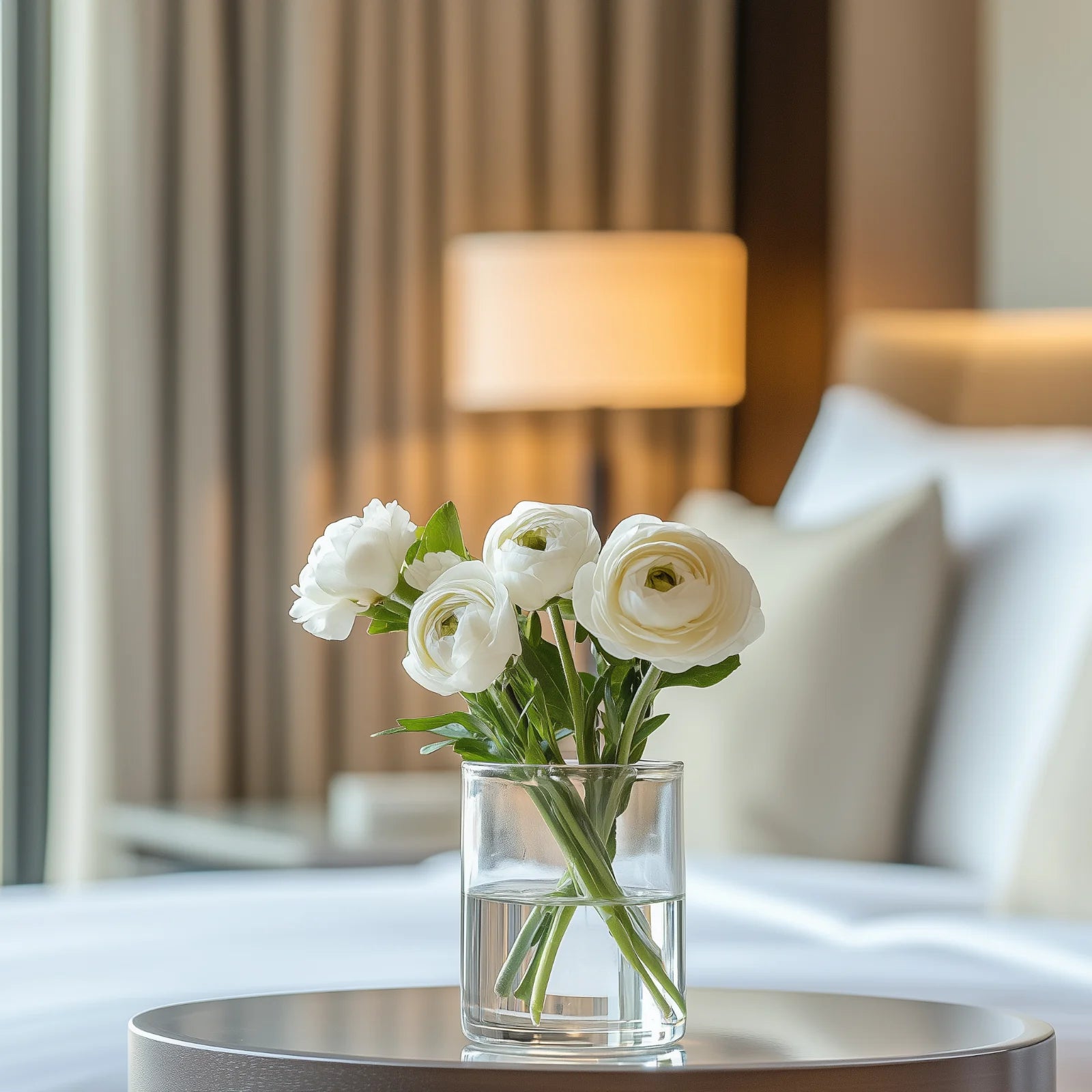 Minimalist guest room flower arrangement with elegant white ranunculus in a clear vase – Flowers Valley