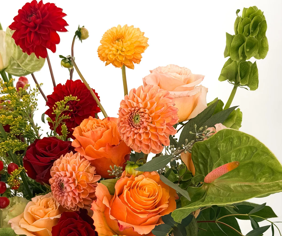 Close-up of peach dahlias, orange garden roses, red roses, and green anthurium in the Flowers Valley Harvest Basket
