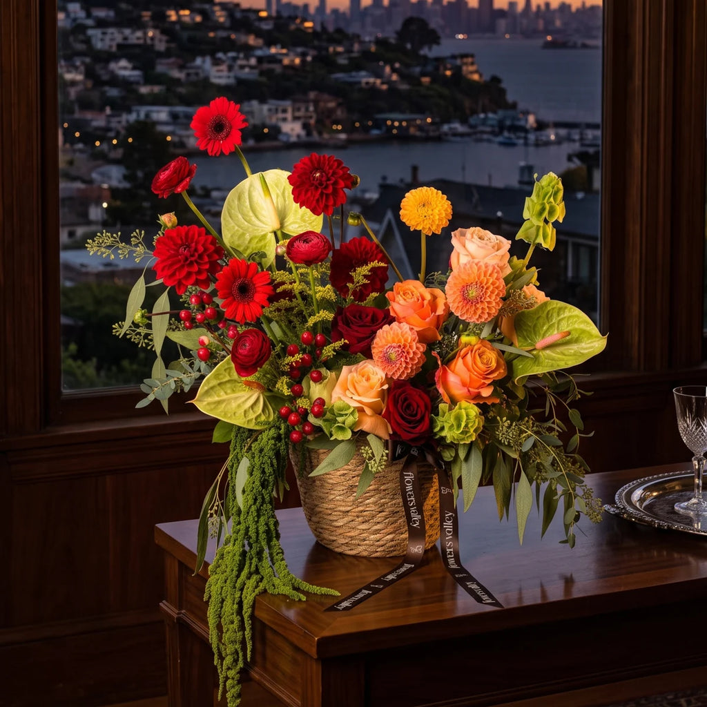 Harvest Basket — fall flower arrangement with red dahlias, orange garden roses, ranunculus, and green anthurium in a hand-woven basket by Flowers Valley