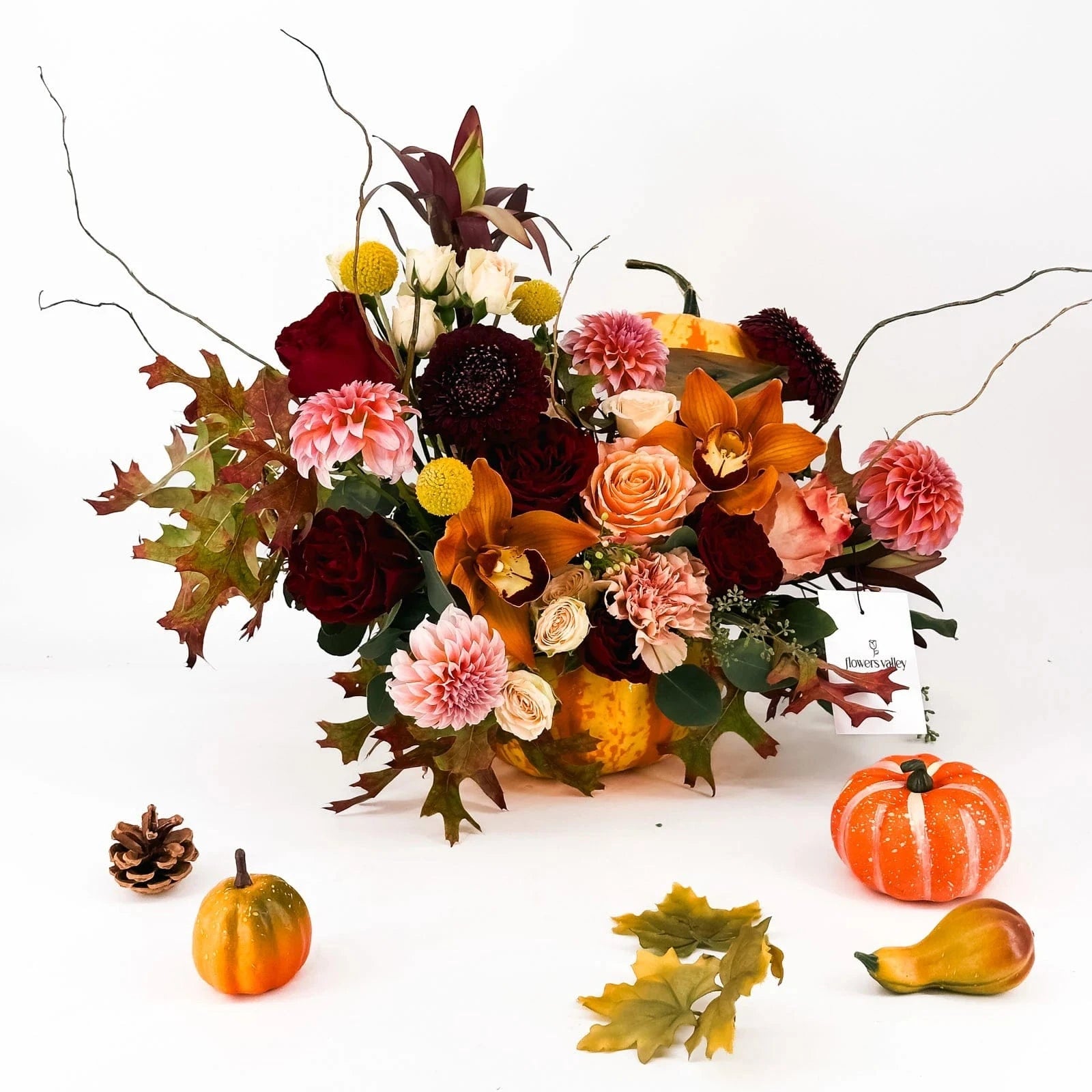 Harvest Majesty Pumpkin Arrangement with dahlias, roses, orchids, and fall foliage in pumpkin base