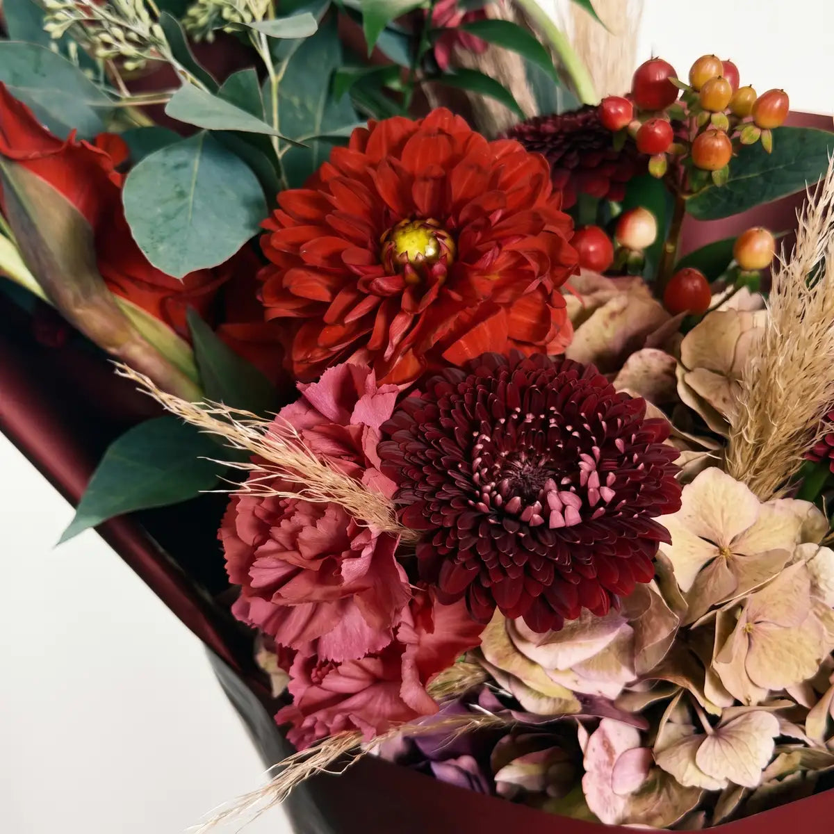 Closeup of red dahlia, burgundy gerbera, coral carnation, antique hydrangea and hypericum berries in the Harvest Petite bouquet