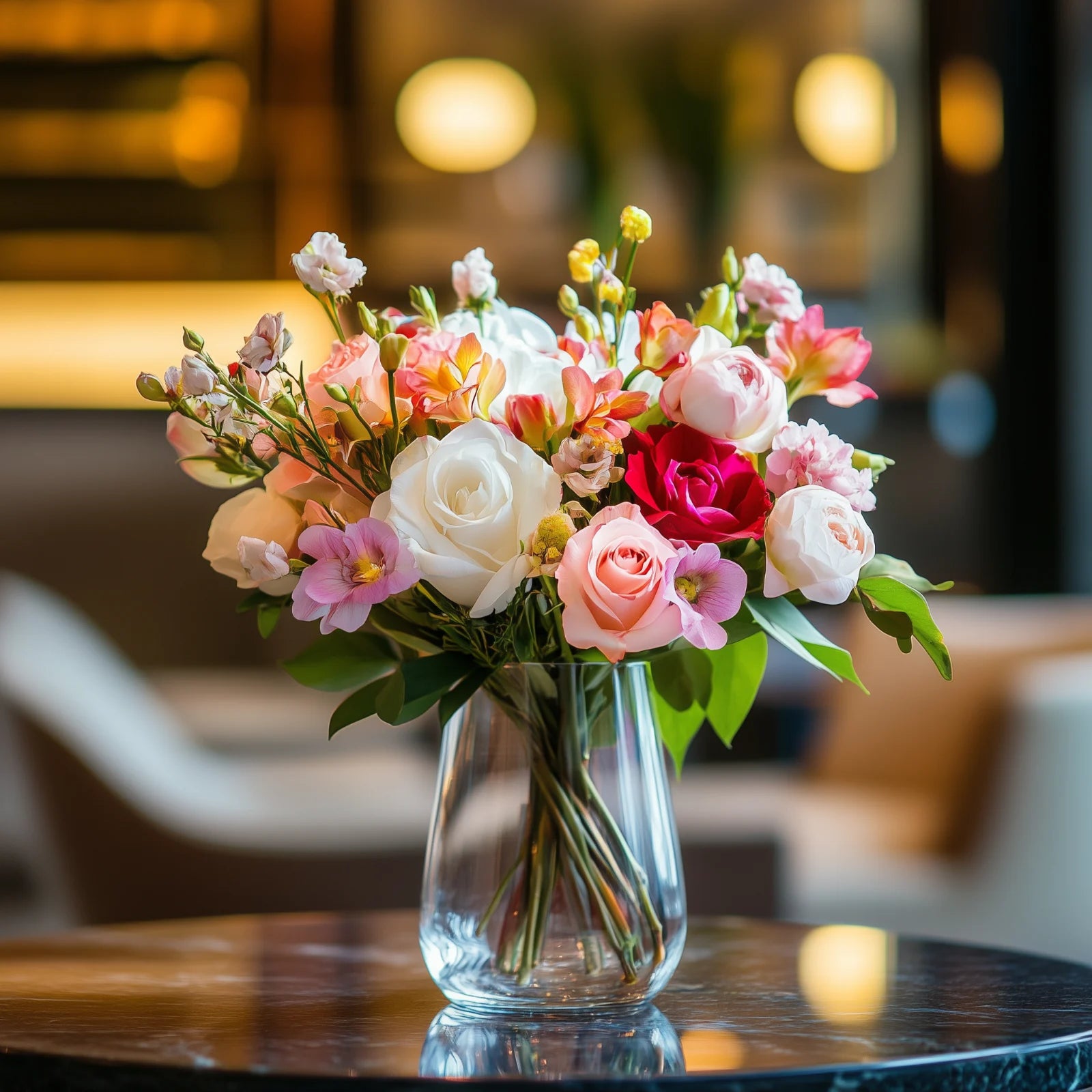 Vibrant host stand bar floral arrangement with pink and white roses, alstroemeria, and seasonal blooms in a clear glass vase – Flowers Valley