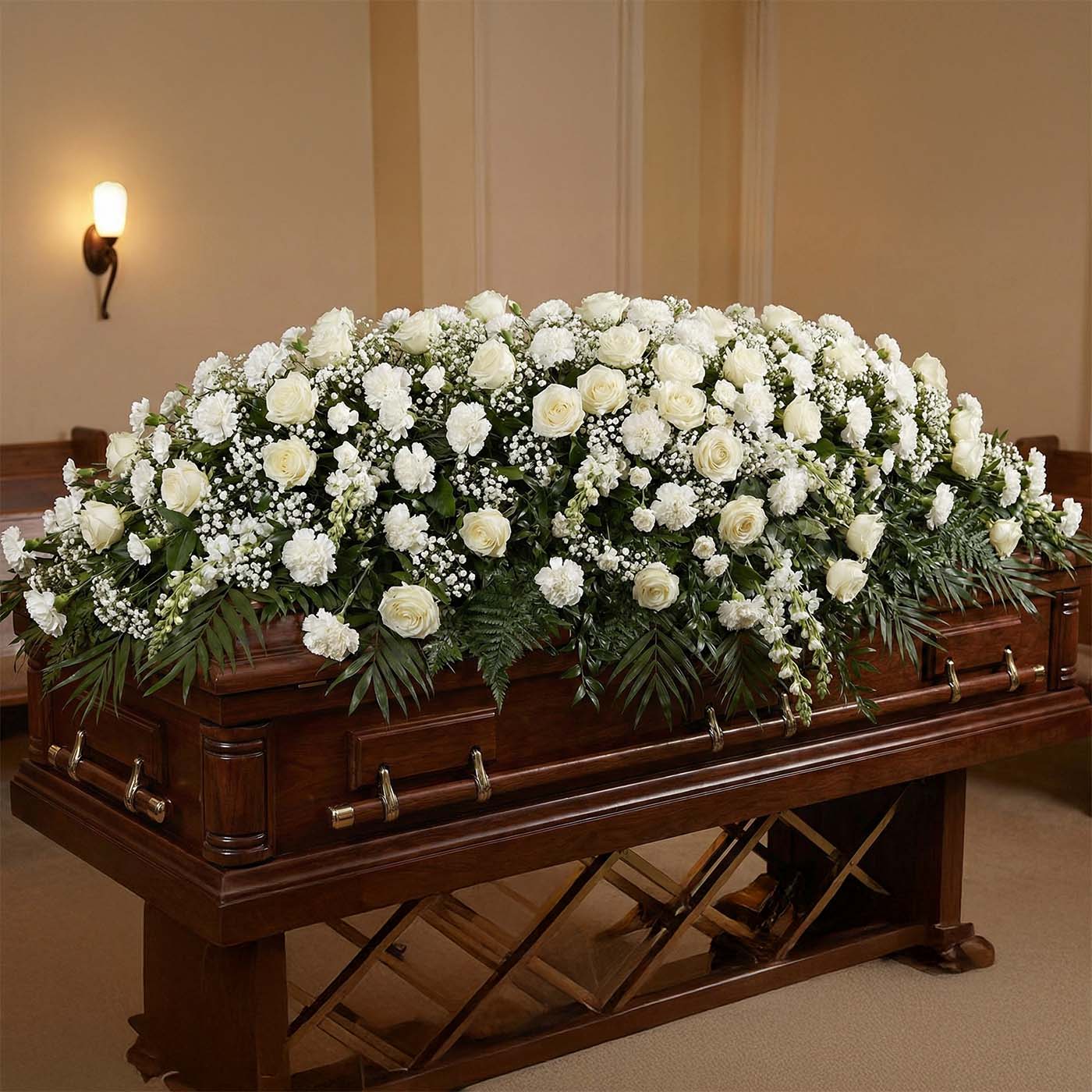 Grand white casket arrangement with dense ivory roses and cascading greenery