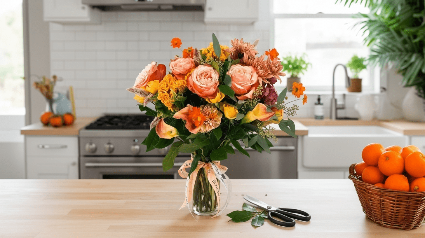 Bouquet of flowers on a kitchen counter with oranges and kitchen appliances in the background