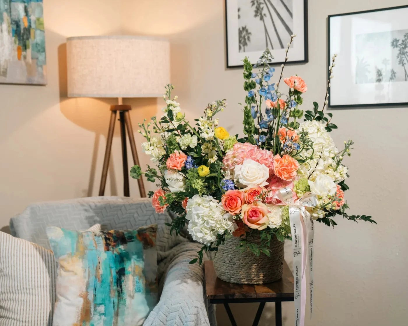 Elegant flower arrangement with roses, hydrangeas, and wildflowers in a modern Lafayette home – Flowers Valley delivery