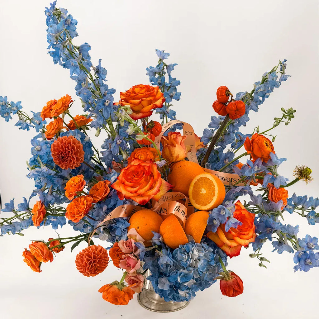 Orange and blue Libra vase arrangement from the Flowers Valley Zodiac Collection, delivered in the San Francisco Bay Area