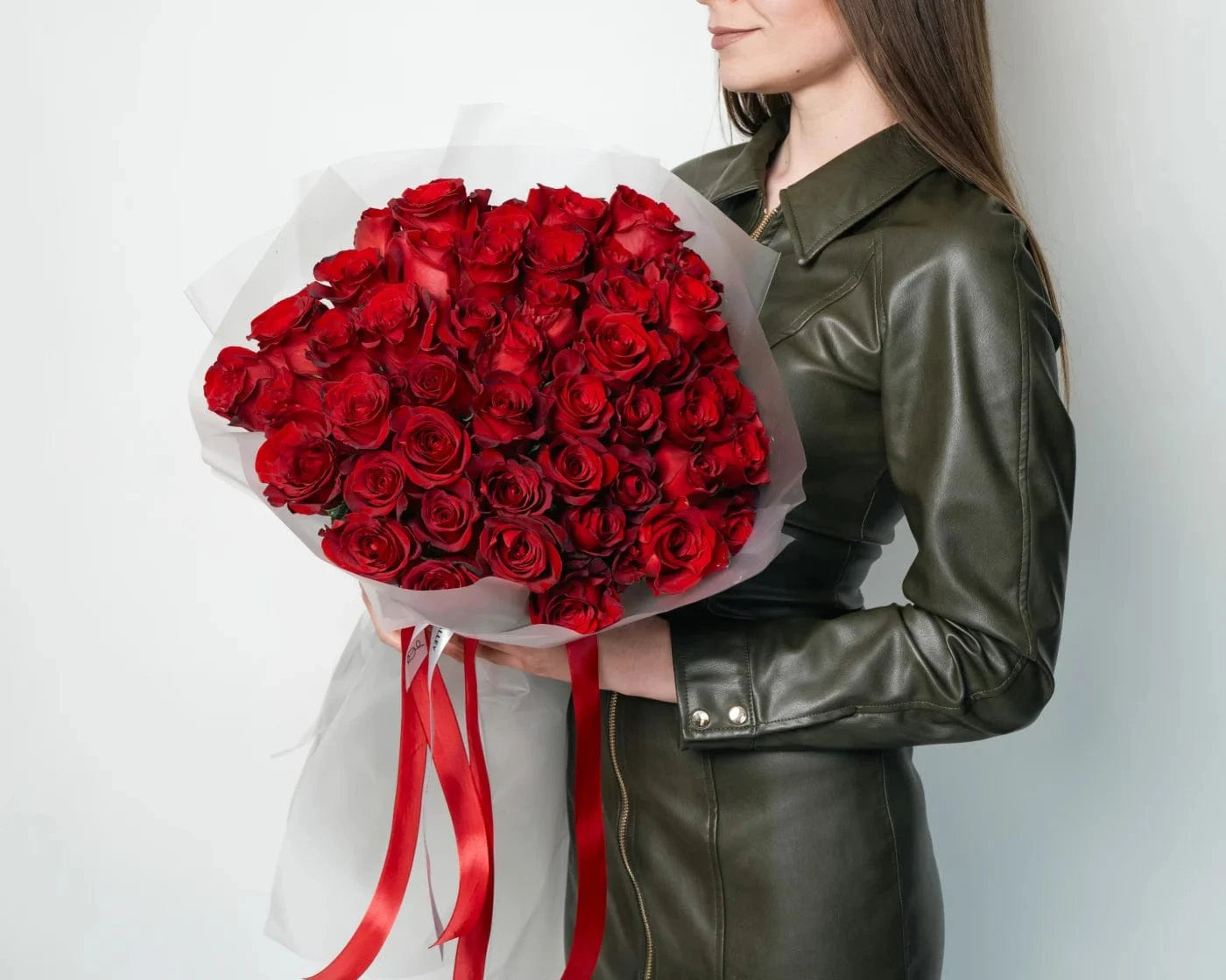 Elegant luxury bouquet of red roses wrapped in white paper with red ribbons – Flowers Valley San Mateo County flower delivery