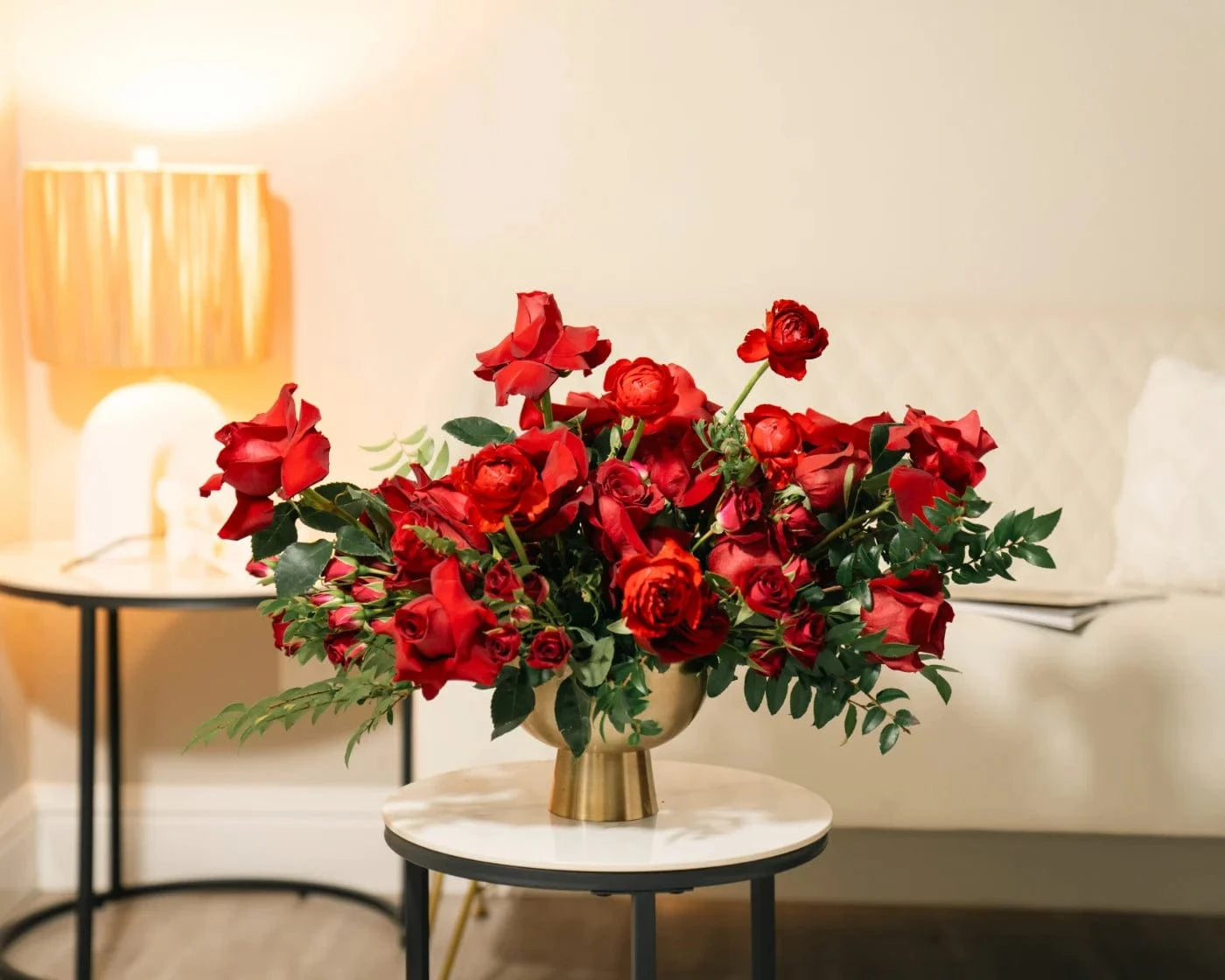 Luxury arrangement of vibrant red roses with greenery in a gold vase – Flowers Valley Contra Costa County flower delivery