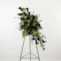 Modern standing funeral spray with dark purple calla lilies - small size