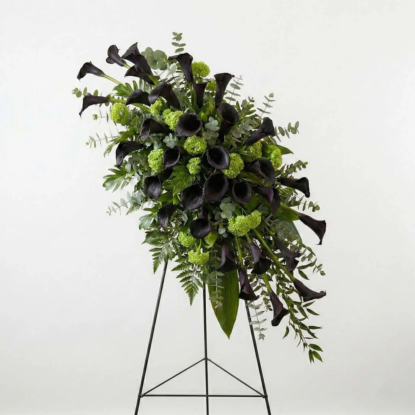 Modern standing funeral spray with dark purple calla lilies - Large size