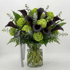 Modern sympathy vase with dark purple calla lilies and green hydrangea