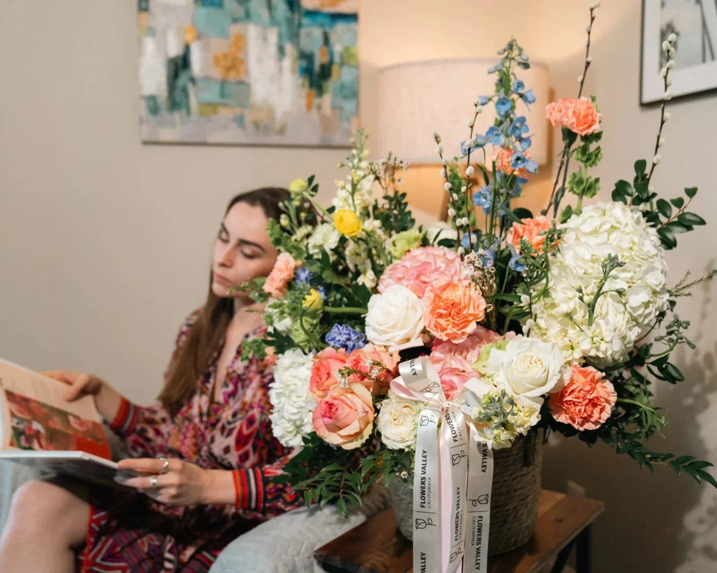 Elegant bouquet with roses, hydrangeas, and wildflowers in an Oakland home – Flowers Valley delivery