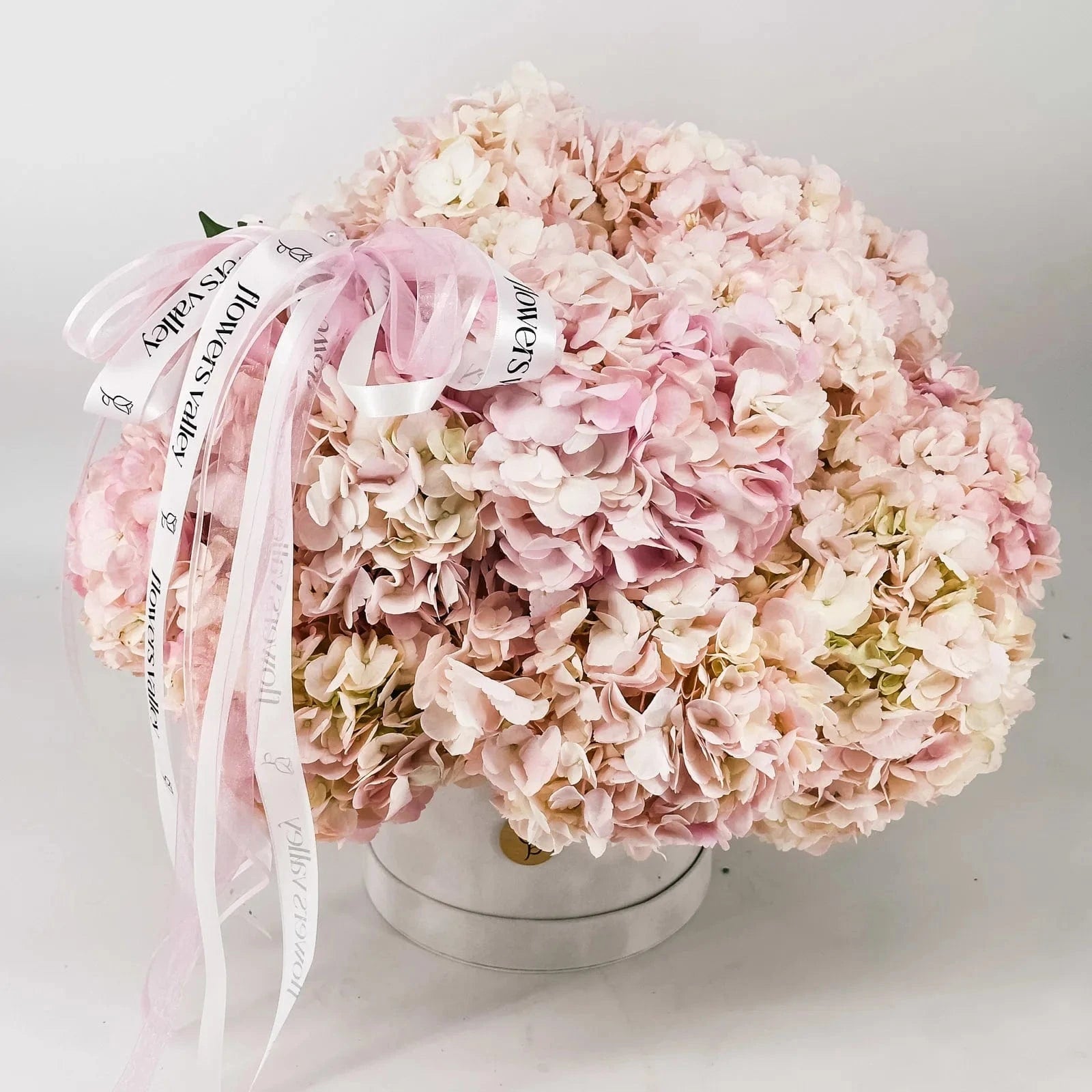 Top angle of Pink Elegance Hydrangea Box showing full hydrangea arrangement and ribbons