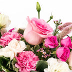 Luxury pink and white flower bouquet with roses, hydrangeas, and lisianthus in clear vase – Pink Reverie