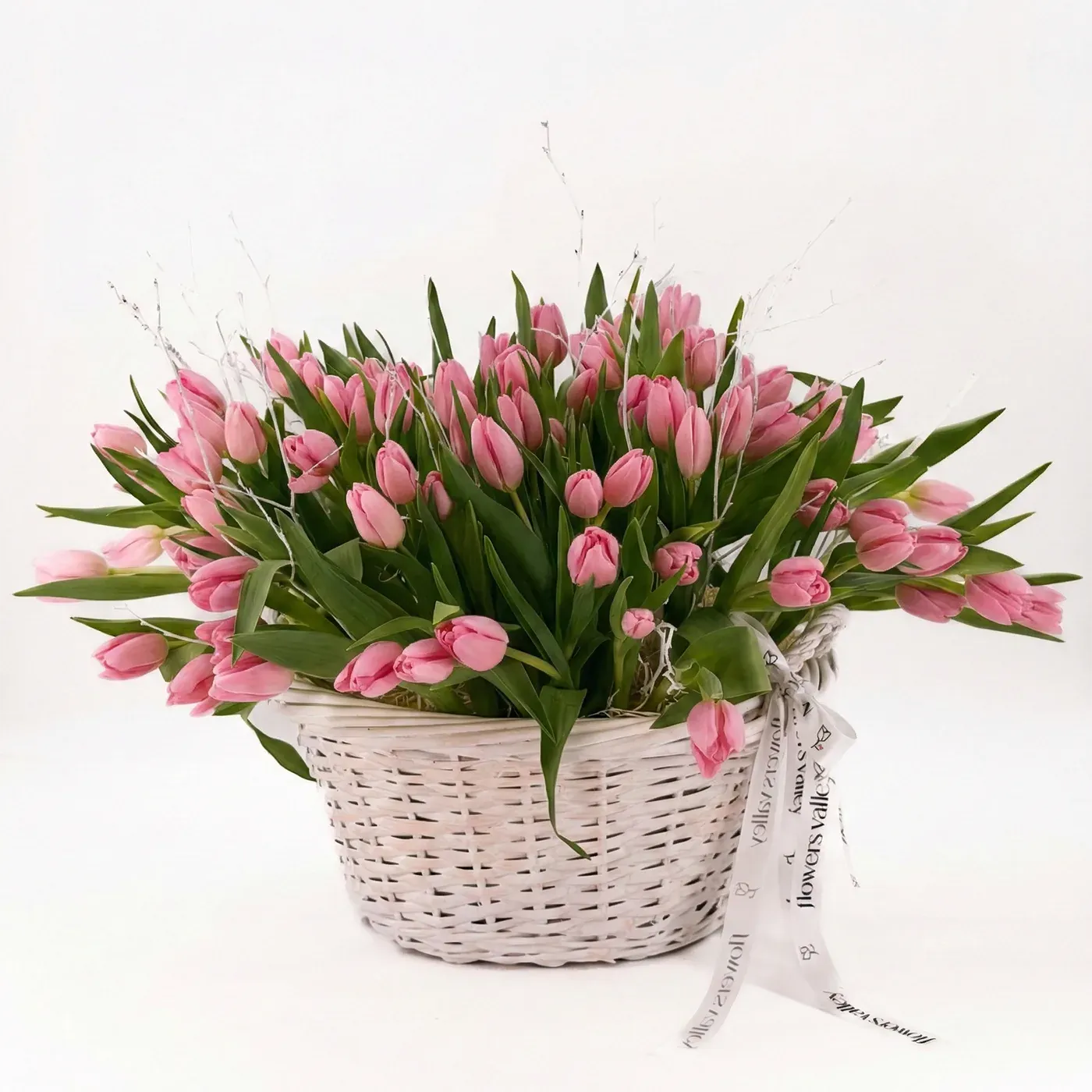Bouquet of pink tulips in a white basket on a white background