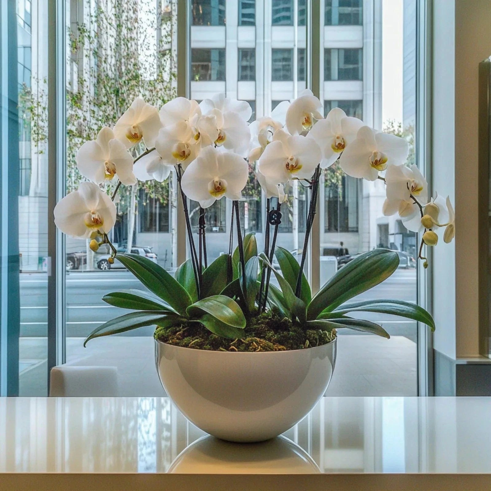 White orchid in a pot on a reflective surface with a cityscape in the background