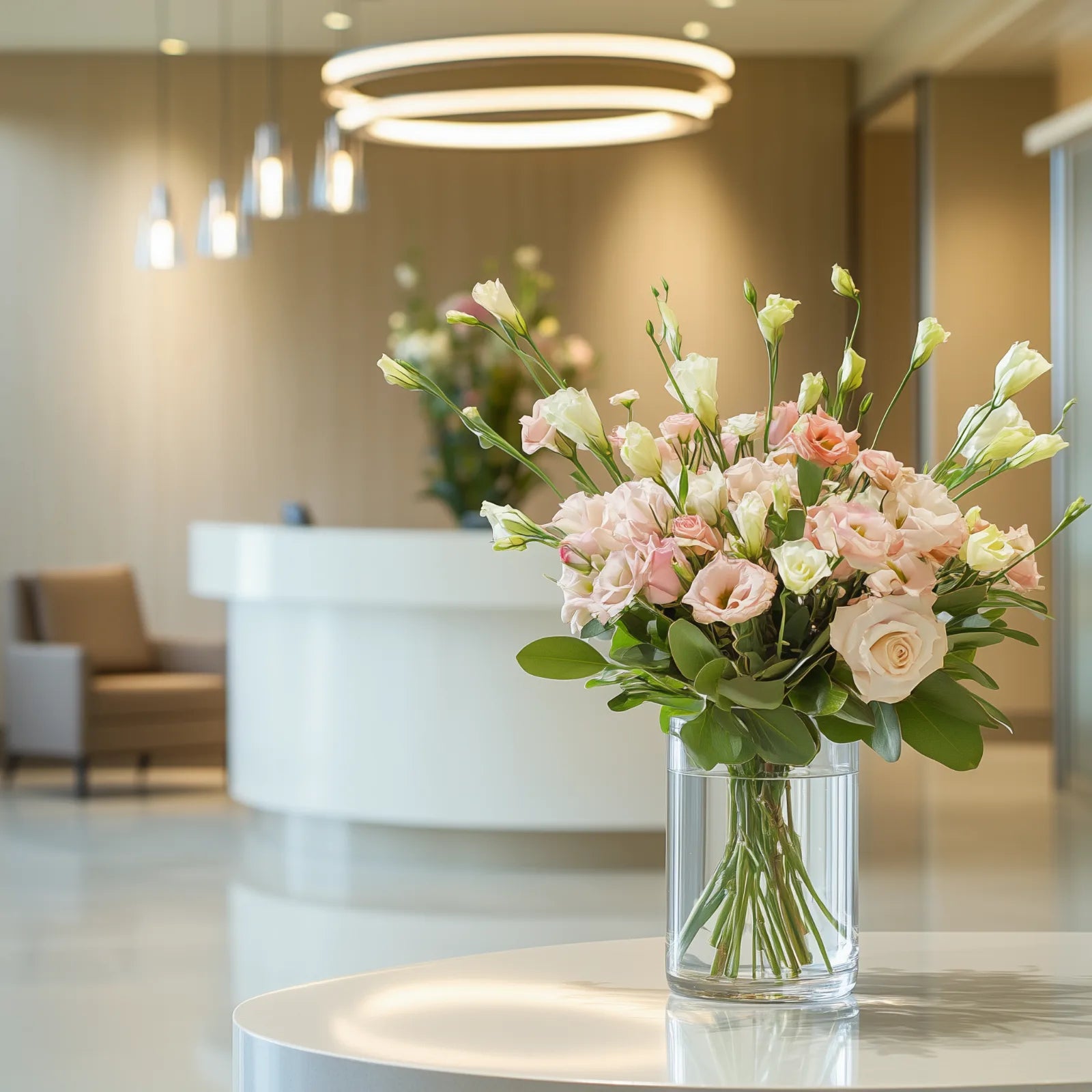 Elegant reception desk flower arrangement with pastel roses, lisianthus, and seasonal blooms in a clear glass vase – Flowers Valley