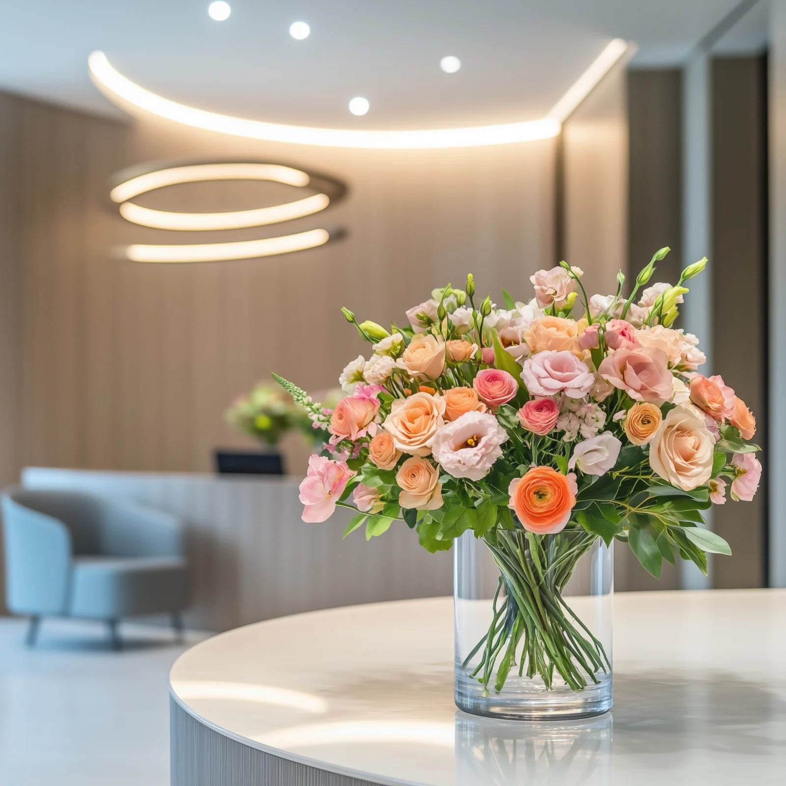 Elegant reception desk flower arrangement with pastel roses, lisianthus, and seasonal blooms in a clear glass vase – Flowers Valley