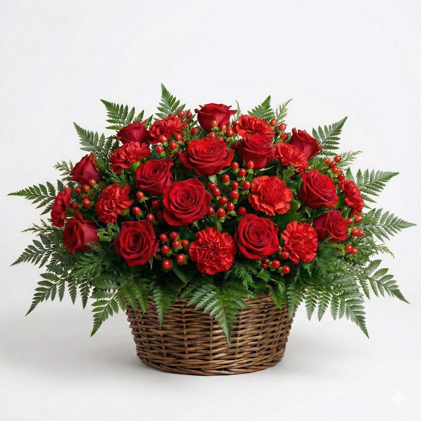 Sympathy flower basket with deep red roses, red carnations, hypericum berries, and evergreen fern greenery arranged in a full floral design.