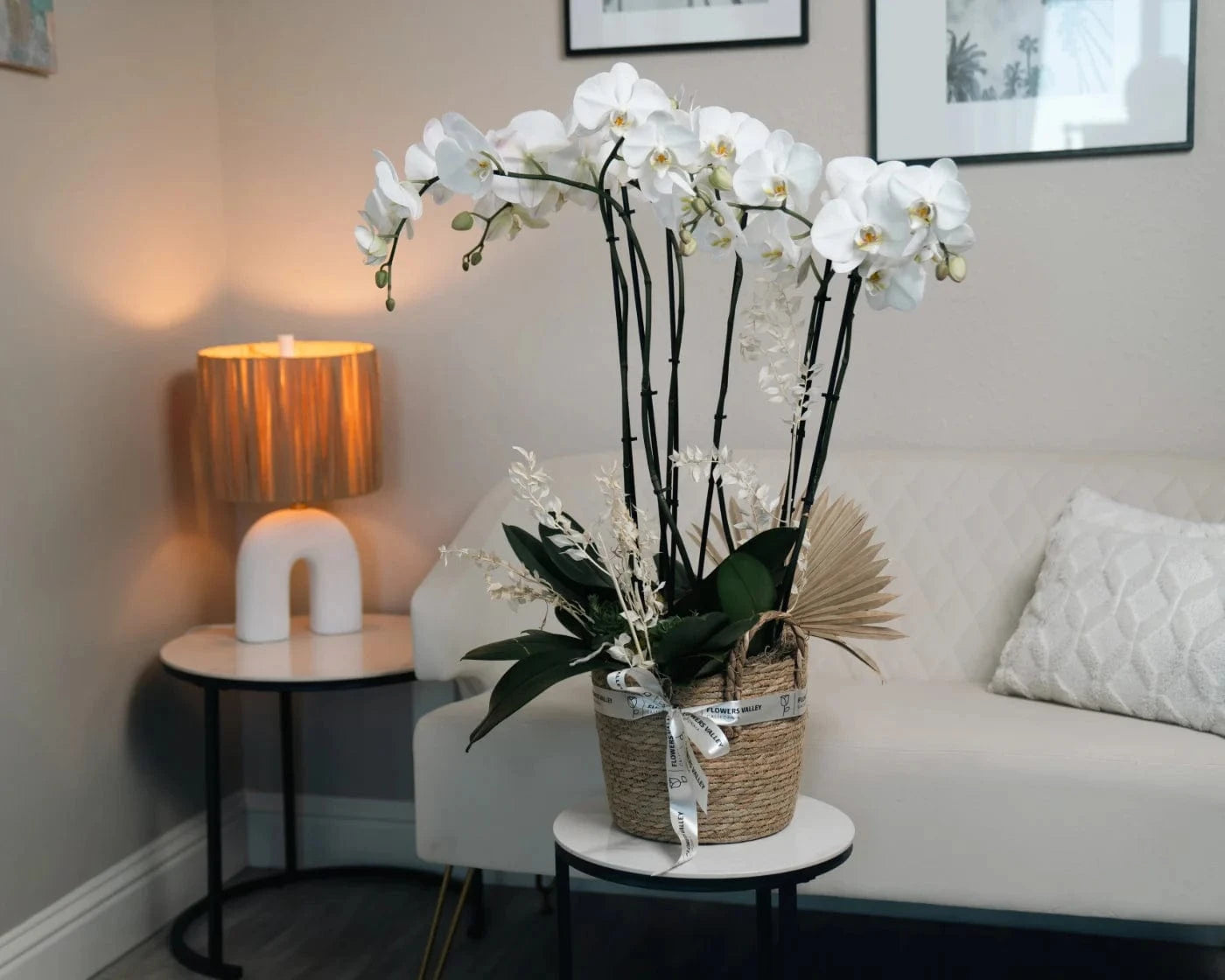 Elegant white orchid arrangement in a modern Sausalito home – Flowers Valley delivery