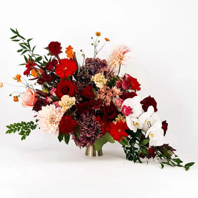 Velour Rouge luxury floral arrangement with red roses, dahlias, gerbera daisies, orchids, and hydrangeas – next day delivery Bay Area