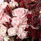 Close-up of Velvet Garnet arrangement with blush ranunculus, burgundy roses, chrysanthemums, and anthurium