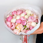 White Blush Peonies flower bouquet, featuring 25 white and 10 pink peonies beautifully wrapped, for premium Bay Area delivery from The Flowers Valley.
